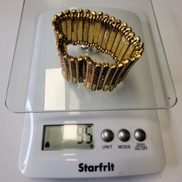 Gold Tone and Brown Wide Cuff Embellished Stretchy Bracelet - Picture 12 of 12